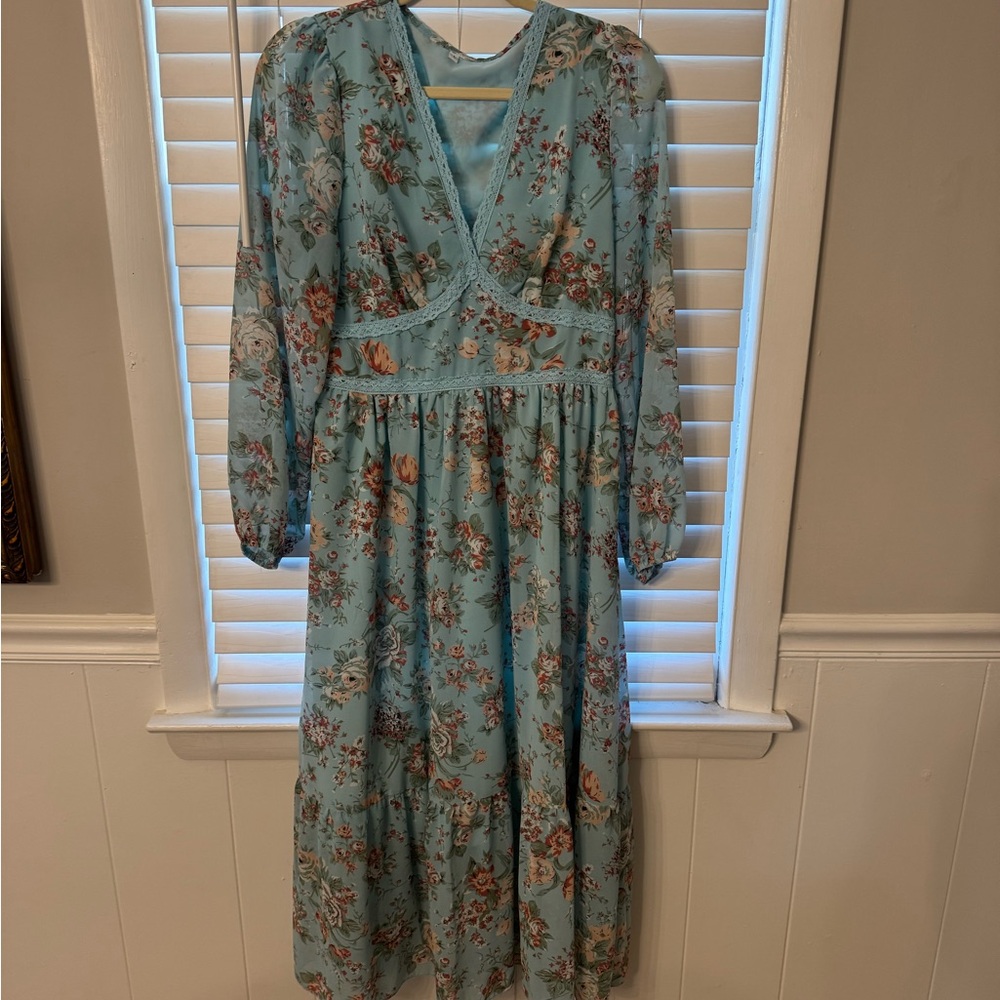 Floral V-Neck Blue Dress